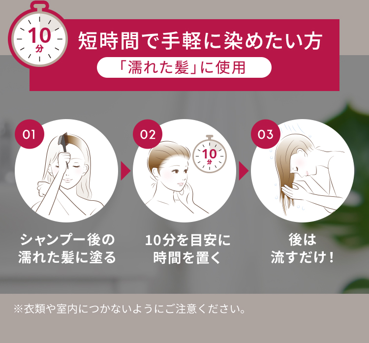 短時間で手軽に染めたい方「濡れた髪」に使用 01.シャンプー後の濡れた髪に塗る 02.10分を目安に時間を置く 03.後は流すだけ！