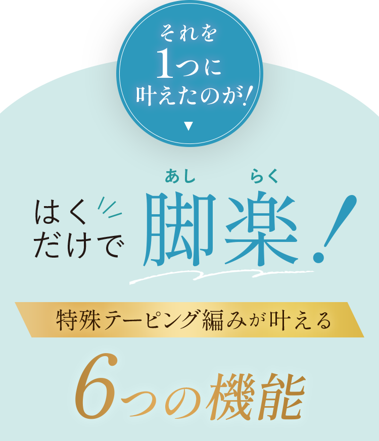 それを１つに叶えたのが！はくだけで脚楽！ 特殊テーピング編みが叶える６つの機能