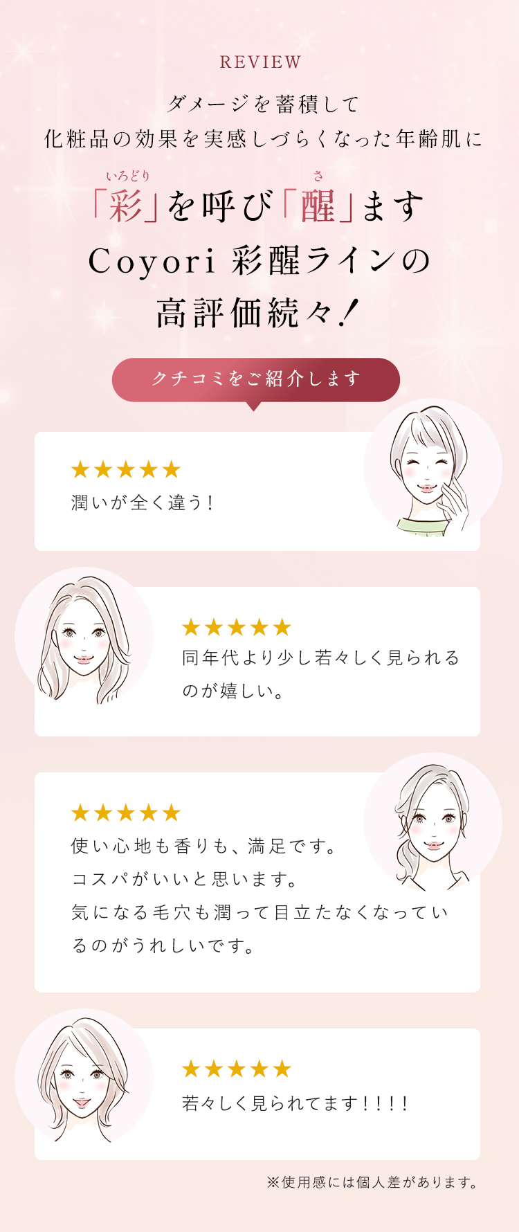 REVIEW ダメージを蓄積して化粧品の効果を実感しづらくなった年齢肌に 「彩(いろどり)」を呼び「醒(さ )」ます Coyori 彩醒ラインの高評価続々!