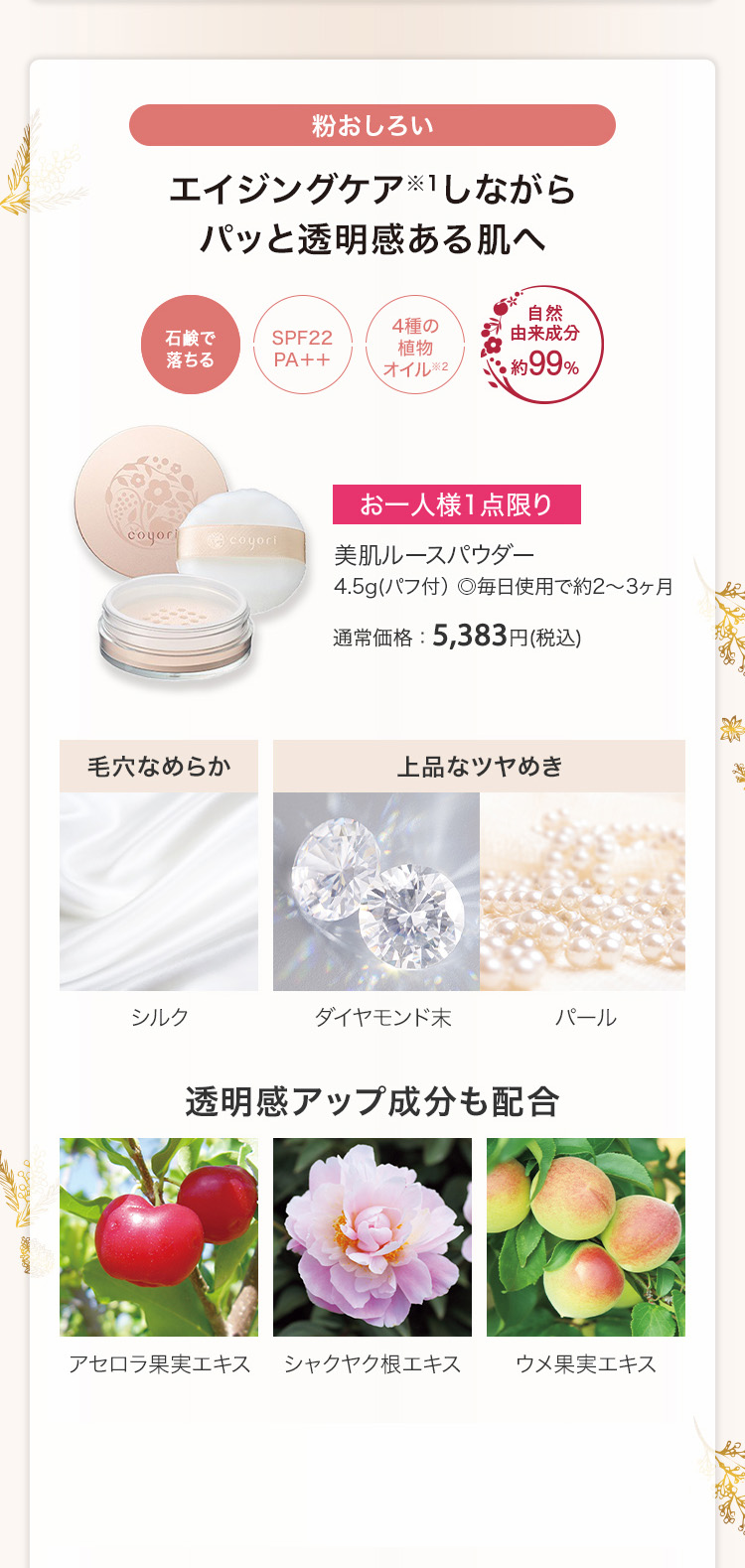 美肌ルースパウダー 4.5g(パフ付） ◎毎日使用で約2～3ヶ月 通常価格：5,383円(税込)